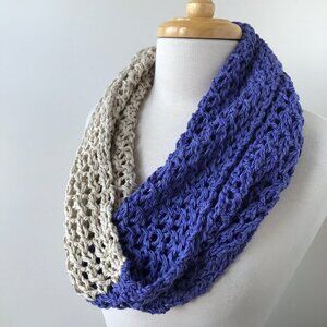 Bamboo and Cotton Blend Hand Knit Infinity Scarf, Purple and Natural / Cream